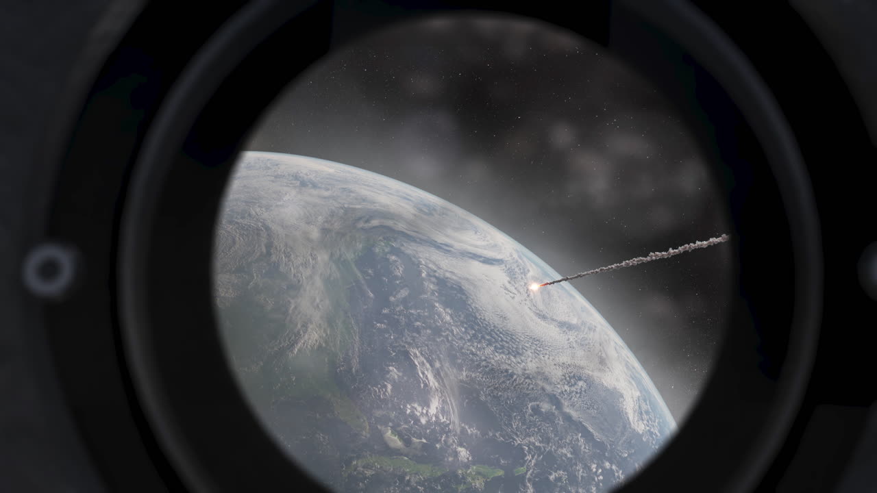 View of Earth and a Meteor from a Spaceship Window