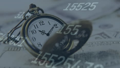 digital animation of multiple changing numbers against pocket watch on american dollar bills