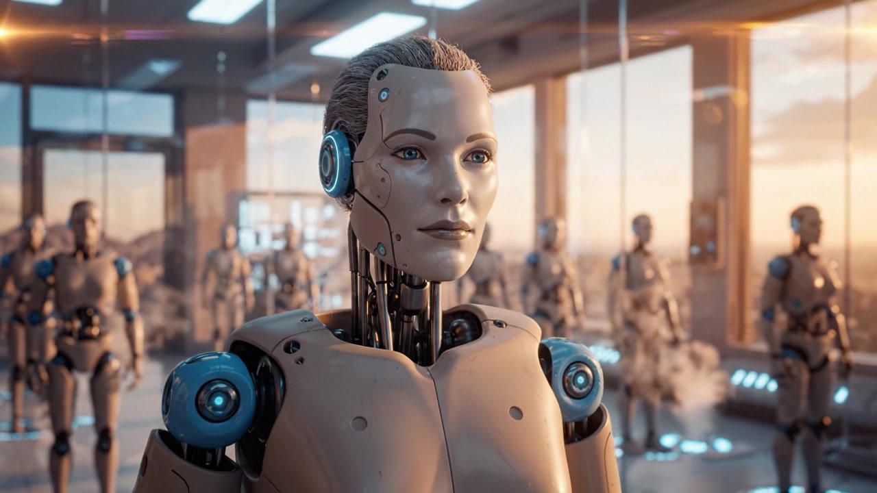A Close-Up of an Advanced Robot with Intricate Features, Surrounded by Other Sophisticated Androids in a High-Tech Environment at Sunset