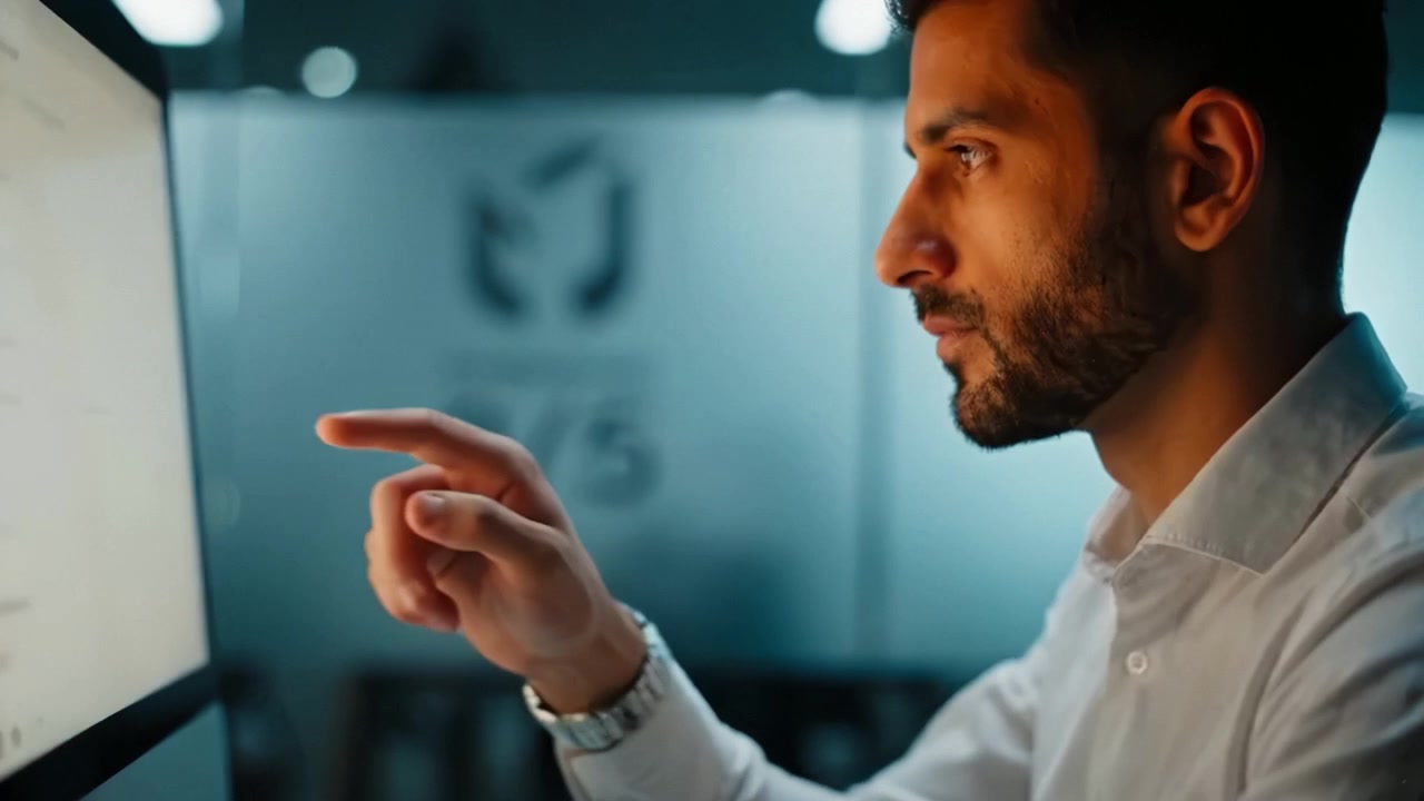 Focused Professional Analyzing Data on Computer Screen with Concentration and Precision in a Modern Office Setting During an Engaging Business Task