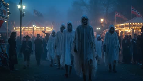 eerie procession of ghostly figures in misty carnival atmosphere with illuminated stalls and spooky vibes capturing the essence of an enigmatic night
