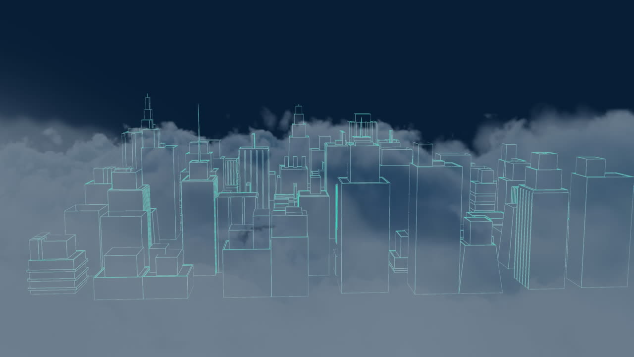 Animation of 3d model of modern cityscape over puffy clouds against abstract background