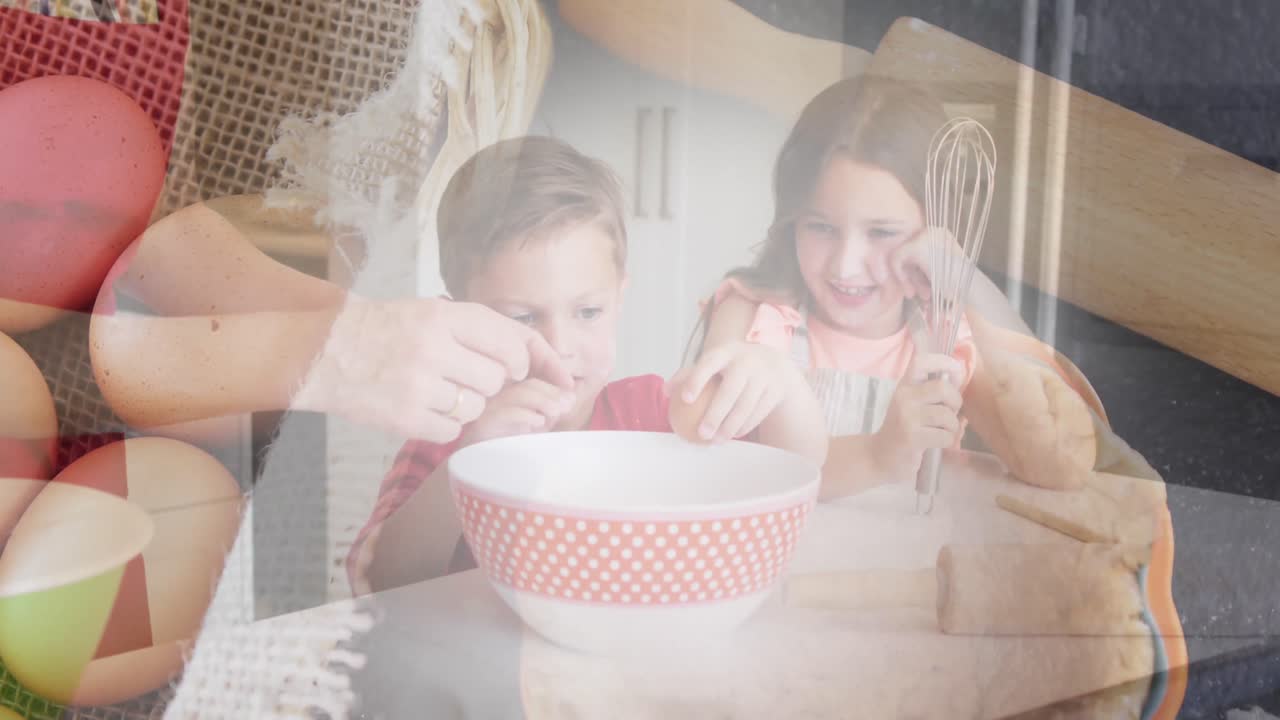 animación de una familia caucásica horneando en la cocina sobre huevos y canasta