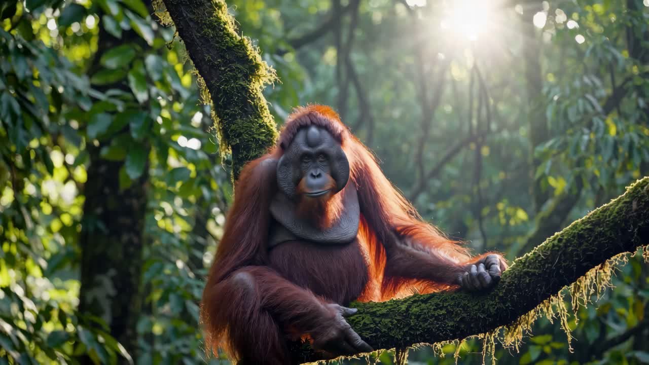 Un orango tranquillo riposa su un ramo muschioso in una giungla lussureggiante, catturato in un'inquadratura dal basso