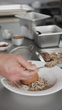 caucasian male chef putting meal on white plate in kitchen, slow motion, vertical