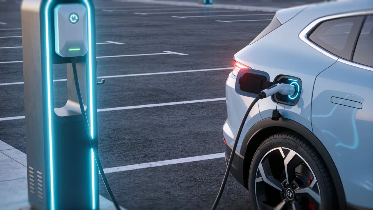 Veículo elétrico (EV) branco carregando, recebendo energia de um carregador aceso em uma vaga de estacionamento após conectar para recarregar a bateria.