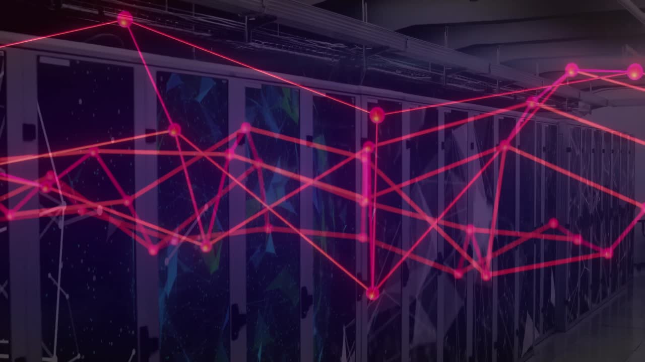 animación de puntos conectados sobre globos en bastidores de servidores de datos en la sala de servidores