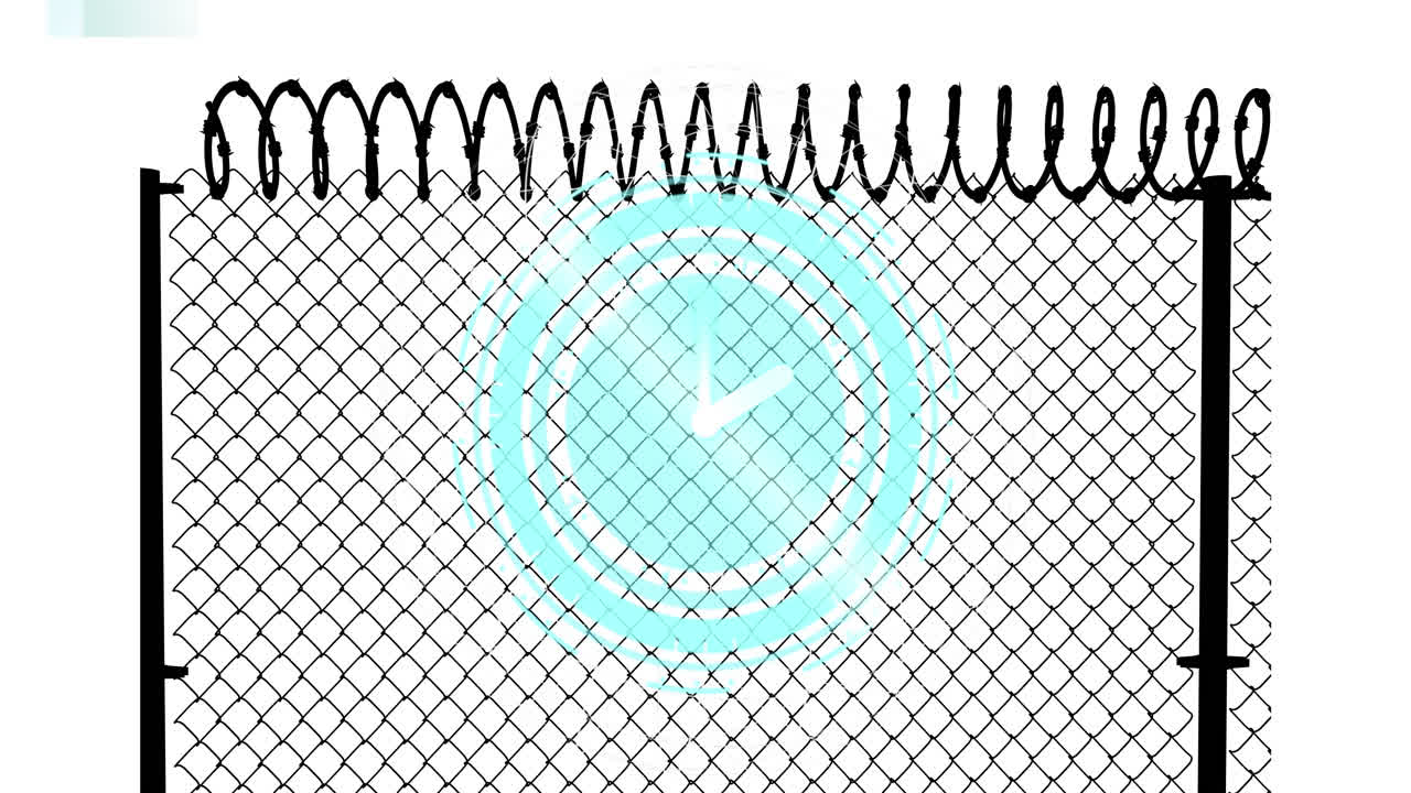 색 배경 위의 울타리와 시계의 애니메이션