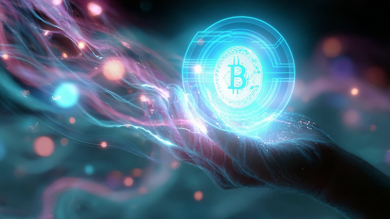 Futuristic hand made of light and energy holding a glowing bitcoin cryptocurrency coin, representing the digital economy, blockchain technology, and the future of financial transactions