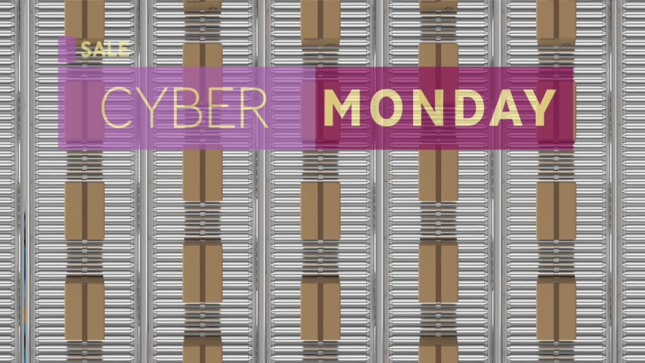 창고의 컨베이어 벨트에 있는 카드보드 상자 위의 사이버 월요일 텍스트의 애니메이션