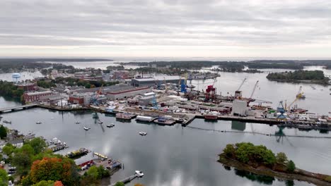 aerial view of a shipyard on a cloudy day
