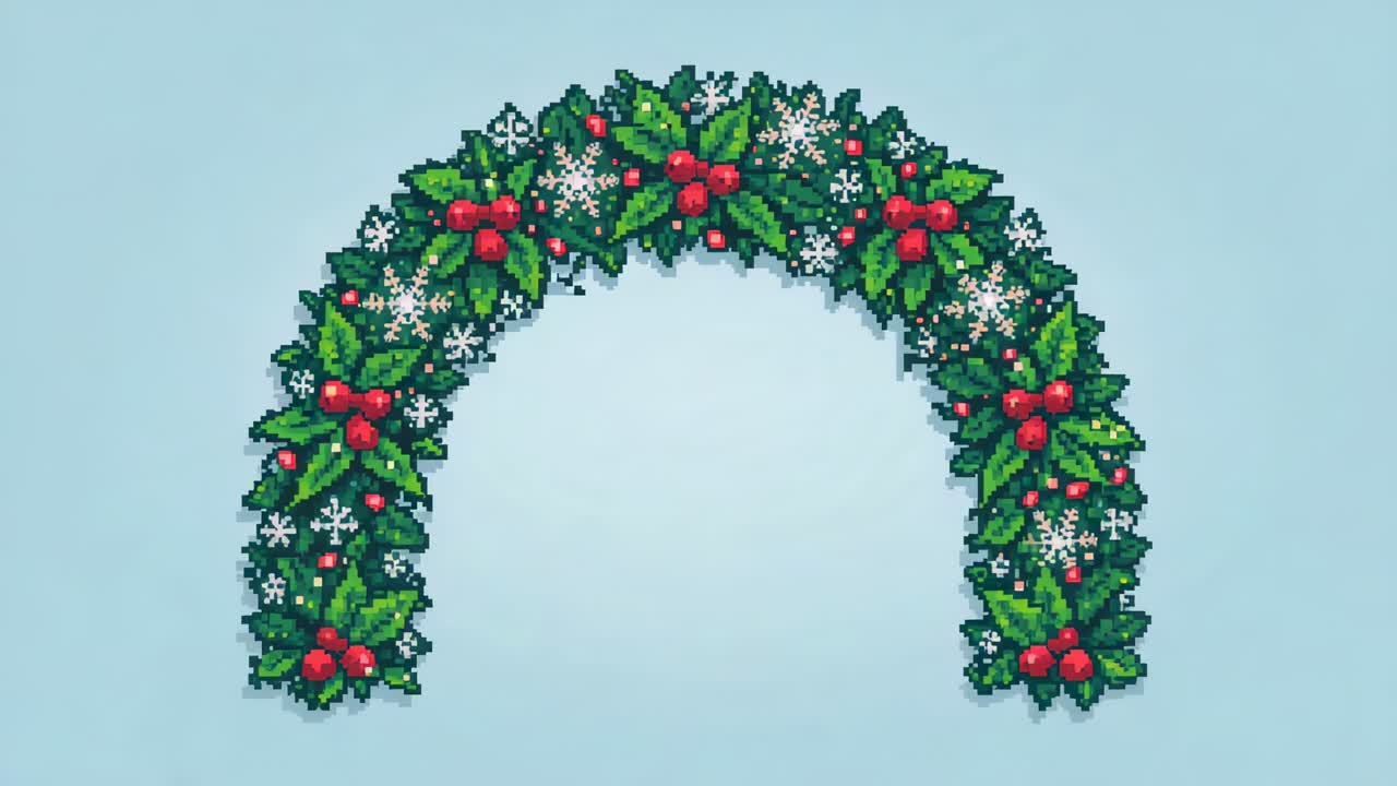 Zoom, der Pixel-Art-Kranz, Stechpalme, rote Beeren und Schneeflocken auf hellblauem Hintergrund mit Details zeigt