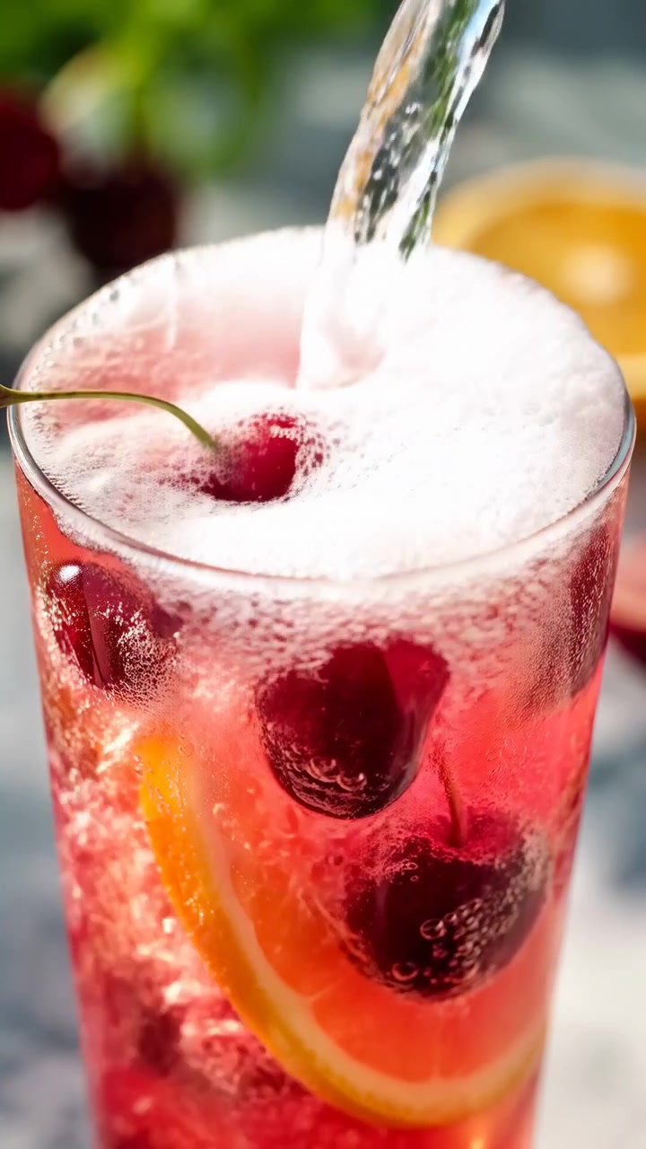Un flusso costante riempie una bevanda frizzante rossa mentre le bollicine si raccolgono attorno a ciliegie e agrumi sommersi, mentre la schiuma che sale si diffonde sulla superficie contro frutta leggermente sfocata e una luce brillante.