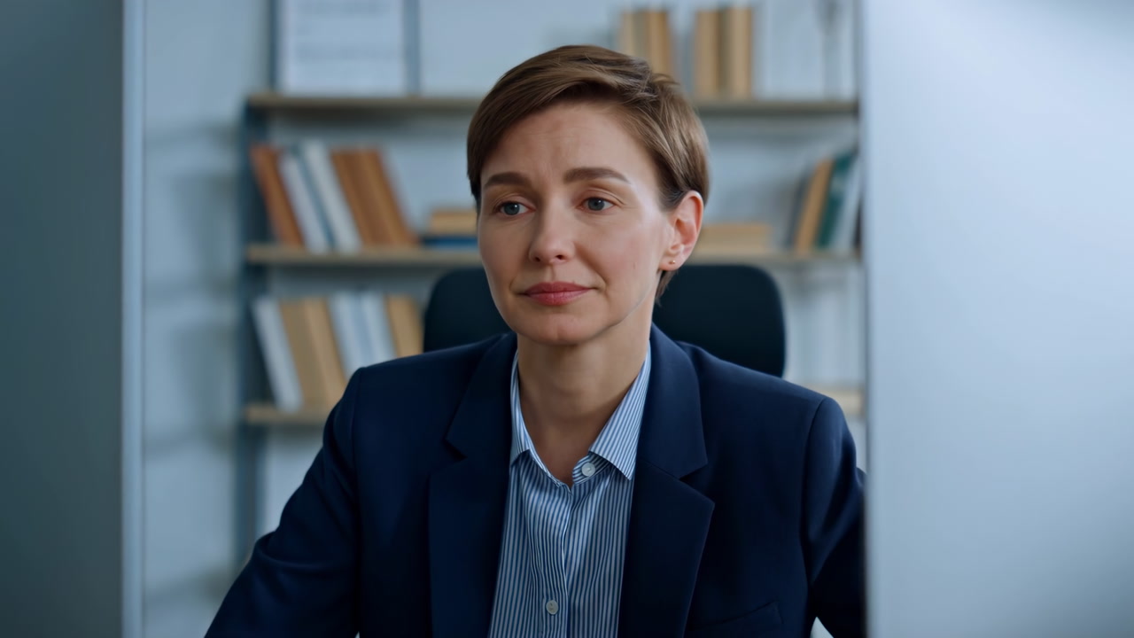 Caucasian Businesswoman At Computer Desk, Contemplative HR Manager Conducting Video Interview, Glancing
