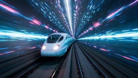 a high-speed train glides through a vibrant tunnel of light and motion, capturing the essence of modern transportation and advanced technology in action