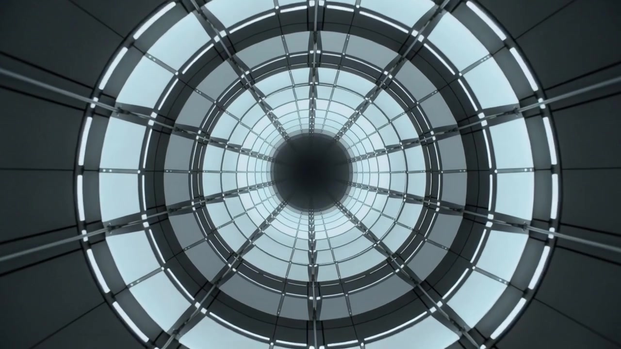 Kamera zoomt durch Atrium, betont Glasringe, radiale Balken, dunkles Oculus.
