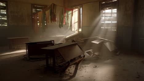abandoned classroom, dust motes and sunlight
