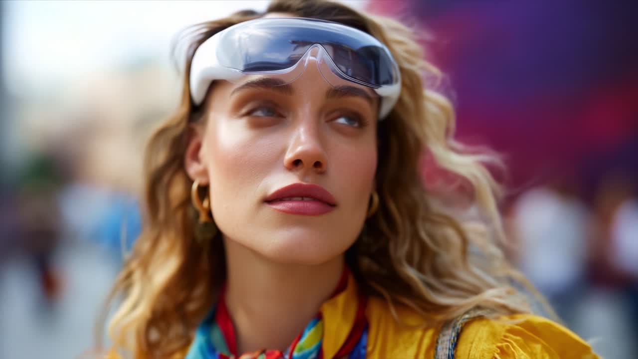 Stylish young woman with curly hair and sunglasses, exuding confidence in a vibrant outdoor setting, showcasing a modern fashion statement and urban vibe