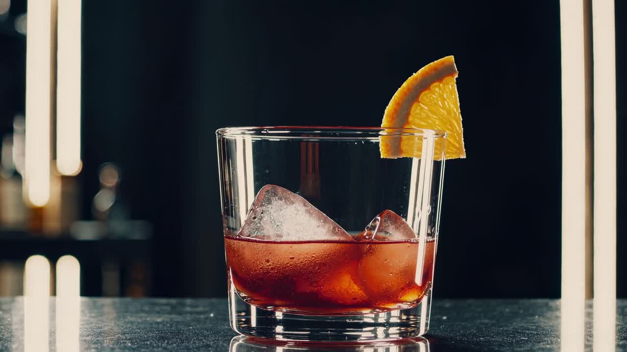 Negroni cocktail garnished with orange slice sits on a bar counter, ice cubes melting slowly in the amber liquid, with blurred bar shelves in the background