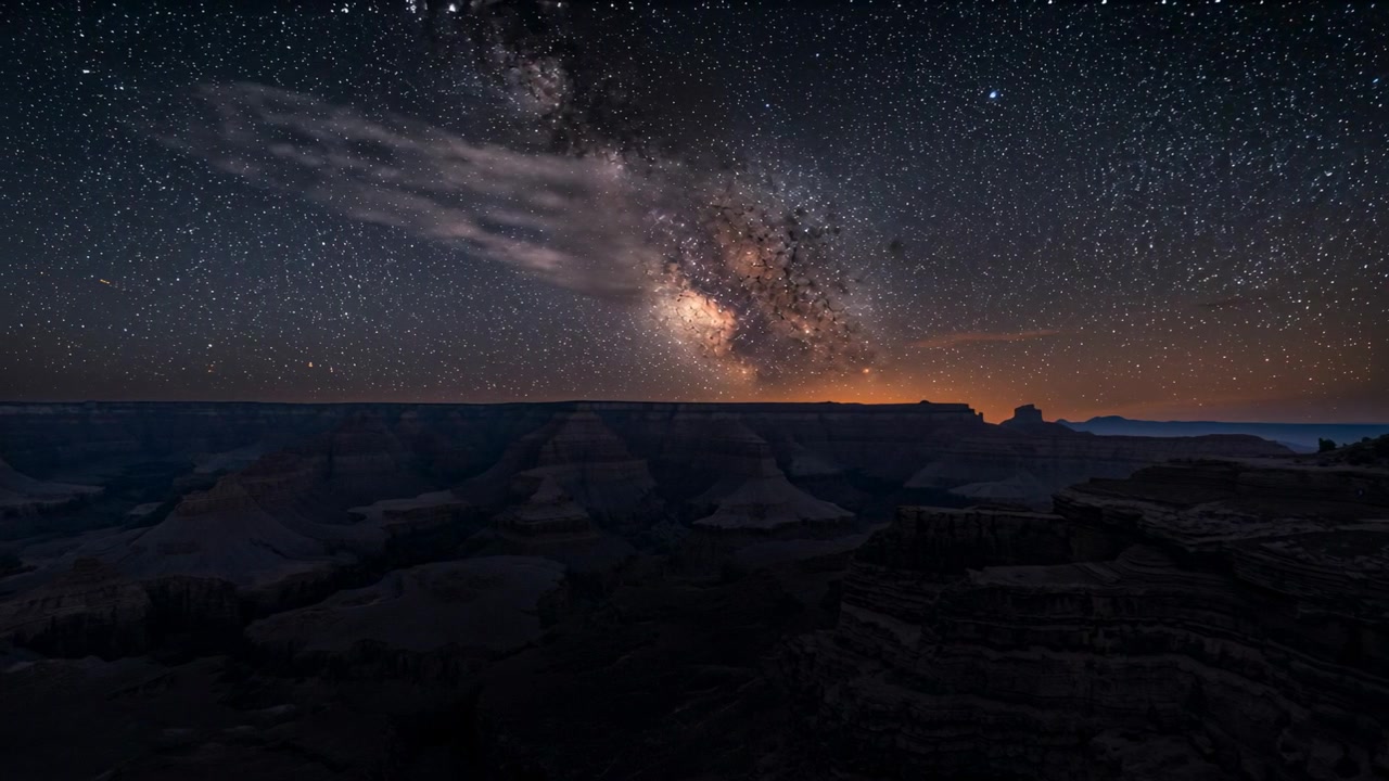 Entering thin cloud drifting across Milky Way band over rocky canyon, obscuring stars, horizon glow