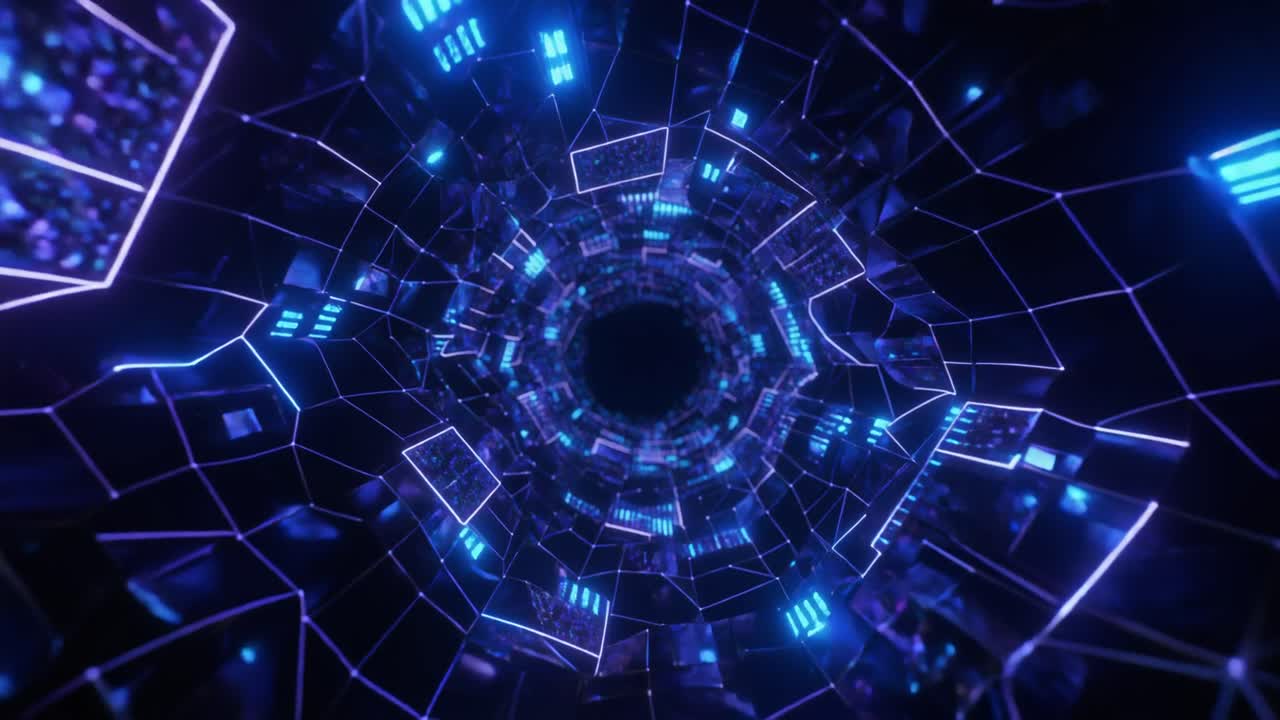 Flying Through a Futuristic Digital Cyberspace Tunnel