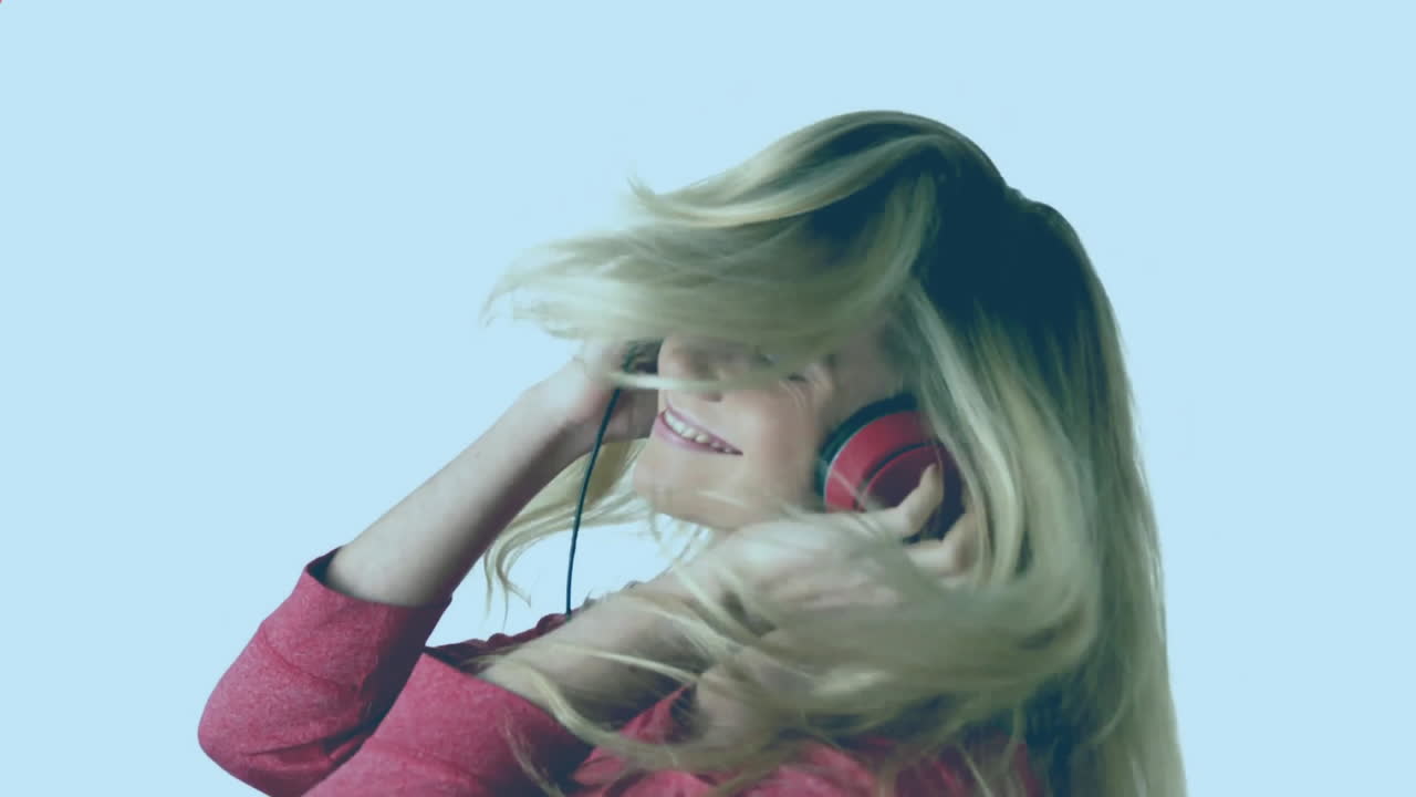 Animation of caucasian woman listening to music with headphones and red pattern moving