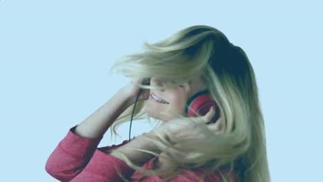 animation of caucasian woman listening to music with headphones and red pattern moving