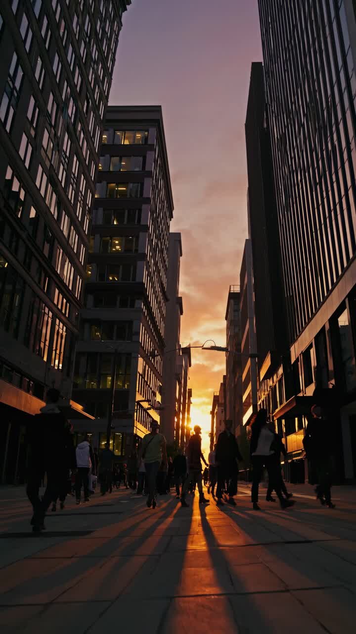 Low-angle video shot of a bustling city street at sunset, capturing silhouettes of people