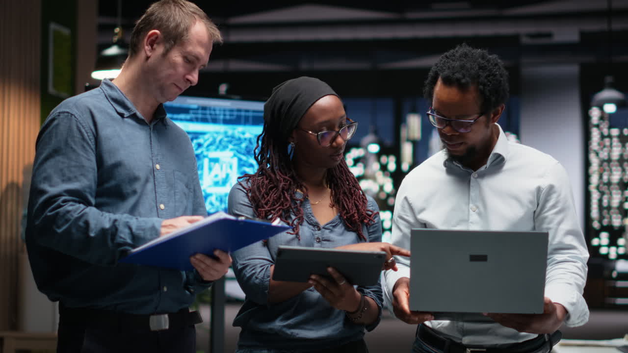 Diverse Business Team Collaborating with Laptop and Tablet in Modern Office