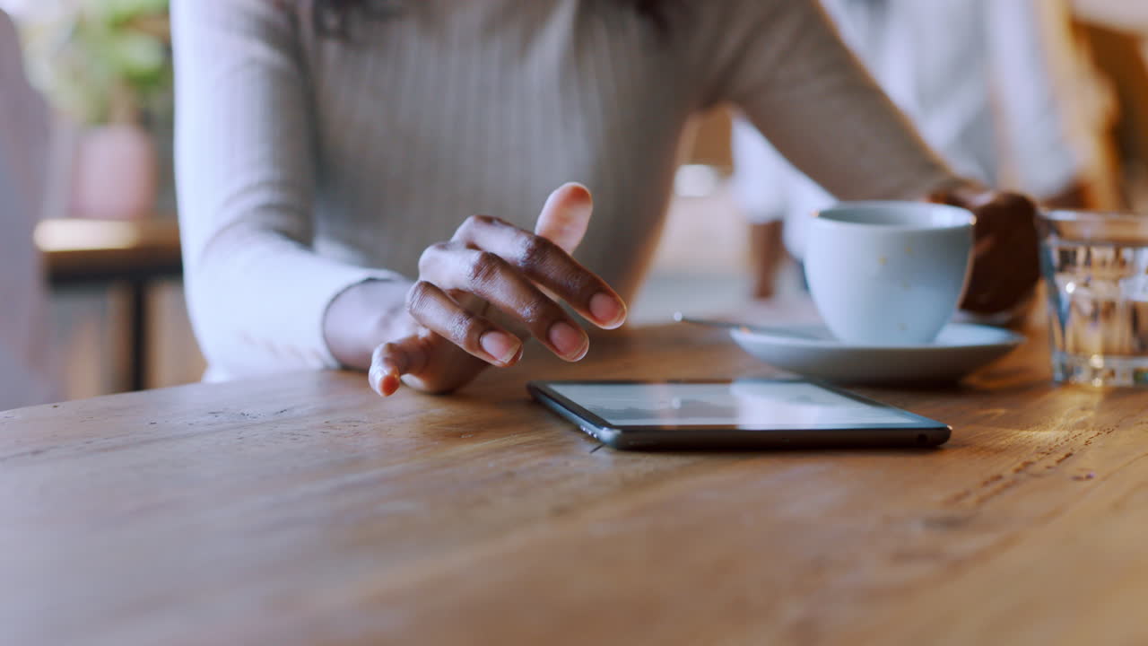 Woman, hands and digital tablet in coffee shop