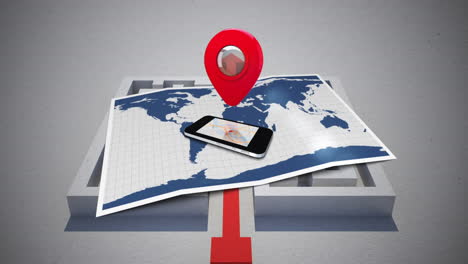 animación de la etiqueta roja sobre el teléfono inteligente y el mapa