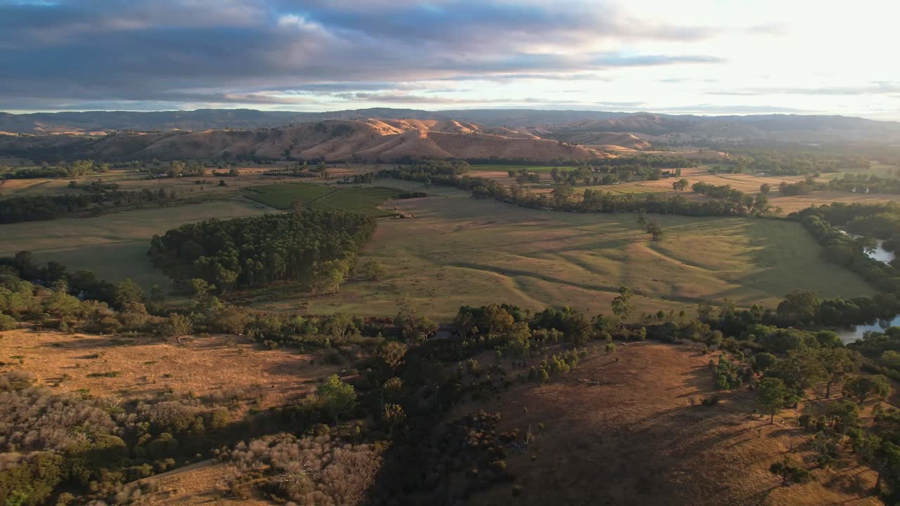 imágenes aéreas a través de las colinas iluminadas por la luz de la mañana cerca del río goulburn en victoria australia