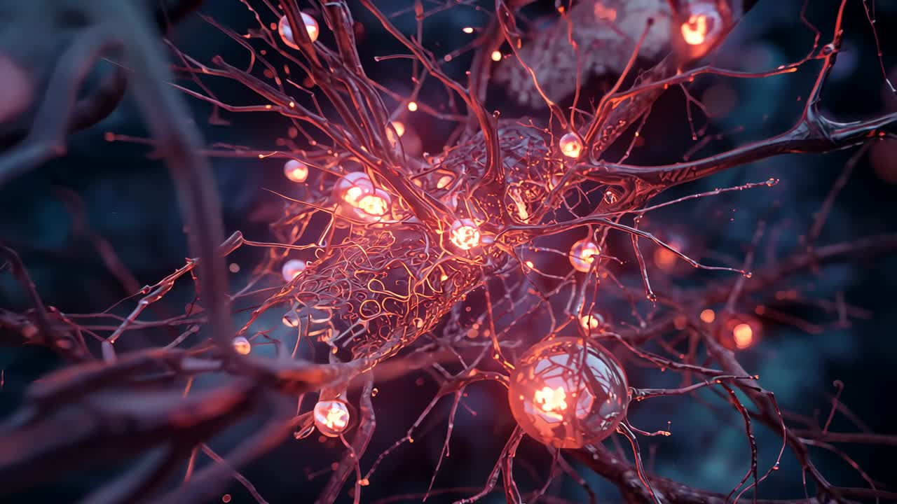 Drifting camera revealing neuron-like filament network in bluish space with glowing nodes pulsing
