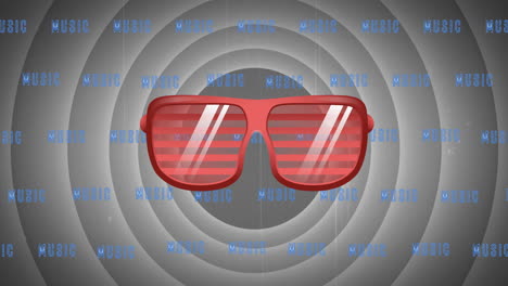 animación de gafas de sol rojas de fiesta y texto musical en repetición sobre círculos grises