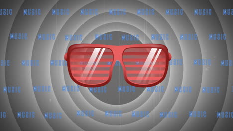 animation of party red sunglasses and music text in repetition over grey circles