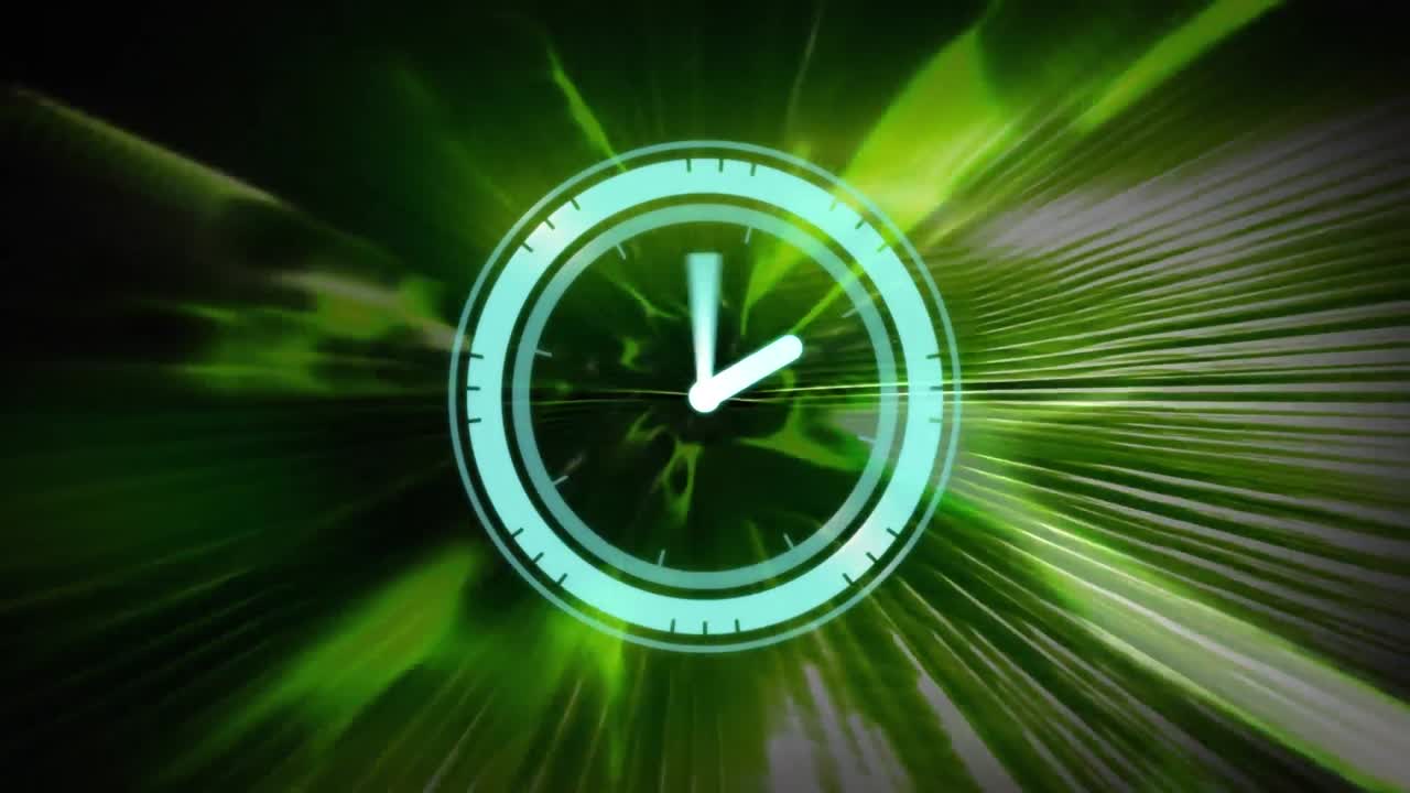 Animation of moving clock over light trails on red background