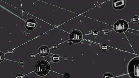 animación de iconos y puntos conectados con líneas sobre números cambiantes contra un fondo abstracto