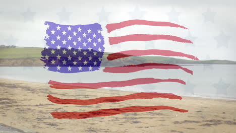 animación del diseño de la bandera de los ee.uu. contra la vista de una playa vacía