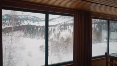 scenic winter landscape seen from big window of hotel room