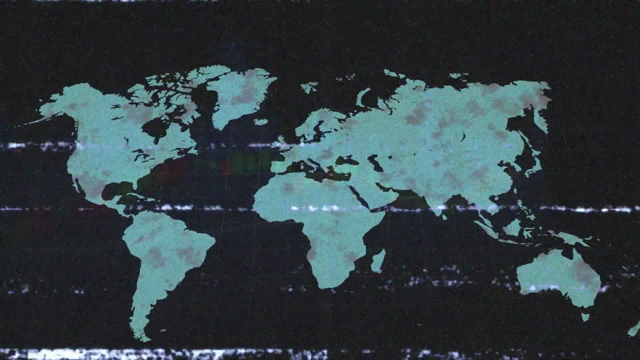 Static bands scanning gray map, adding turquoise hue spreading eastward, visualizing global data