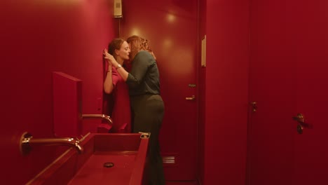 wide view of two women in a public bathroom intimately holding each other