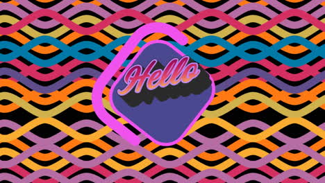 digital animation of hello text on purple banner against colorful waving lines on black background