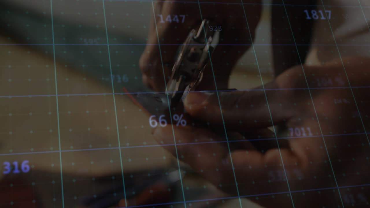 Technician hands clamping hinge under pliers tightening, calibrating with floating numbers in tech