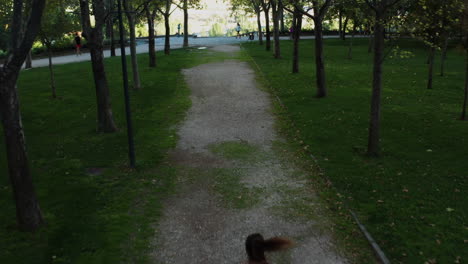 Birdseye-shot-of-a-woman-jogging-in-the-Enrique-Tierno-Galván-Park-in-Madrid