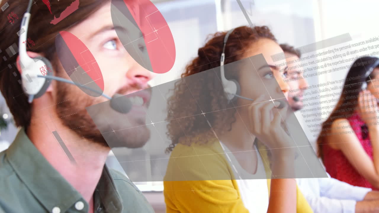 animación de estadísticas y procesamiento de datos sobre personas de negocios que usan auriculares telefónicos