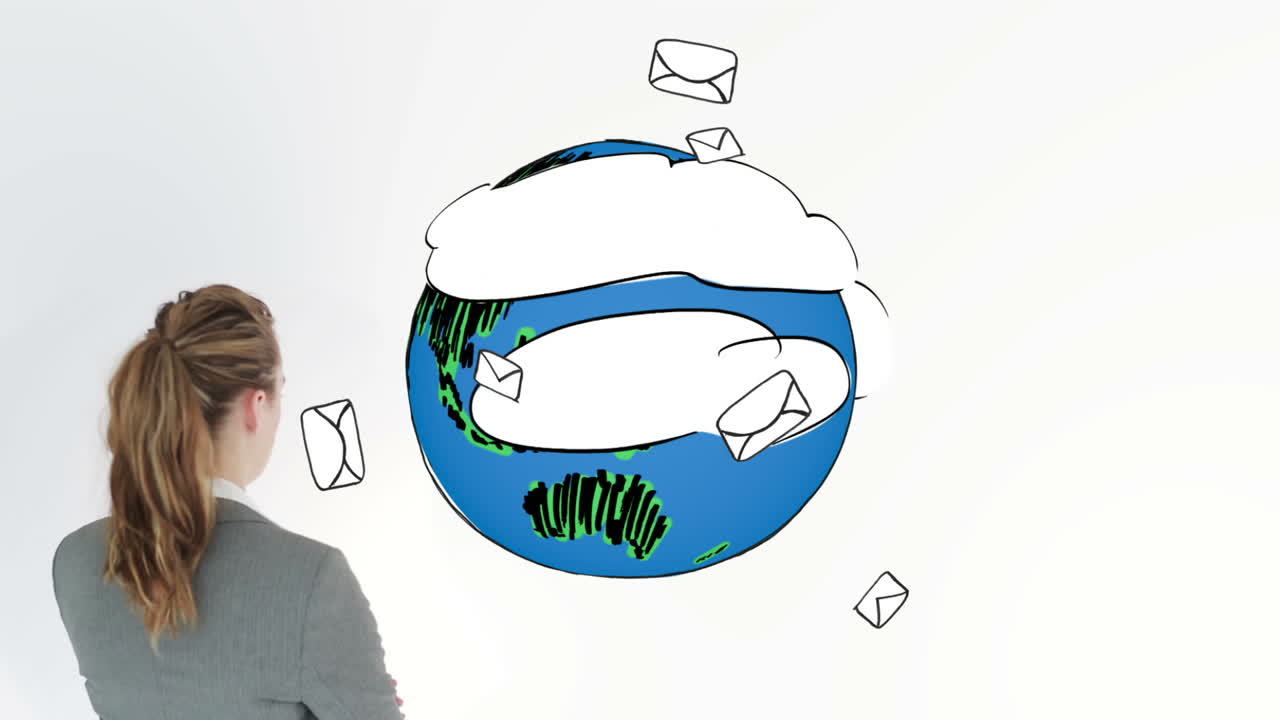 animación de colores que muestra sobres dando vueltas alrededor de la tierra y una mujer de negocios