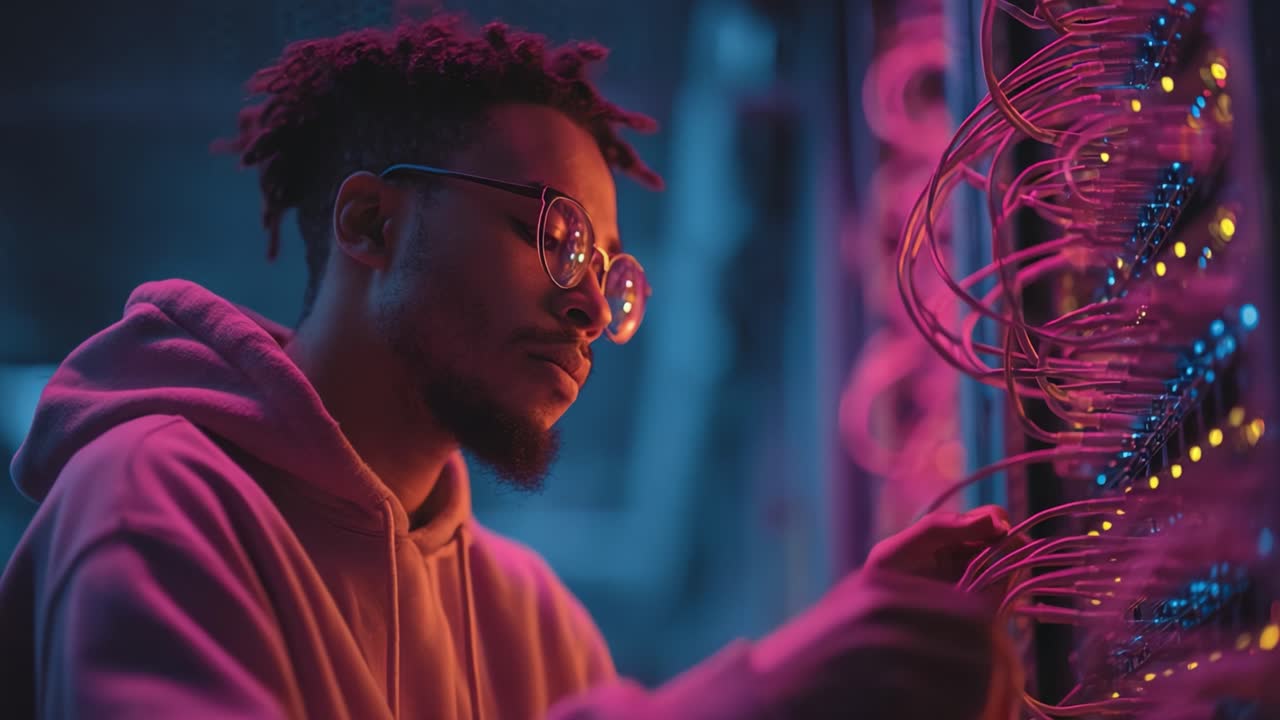En fokuseret tekniker arbejder på komplekst netværksudstyr badet i levende farver, hvilket fremviser krydsfeltet mellem teknologi og innovation i moderne digitale miljøer.
