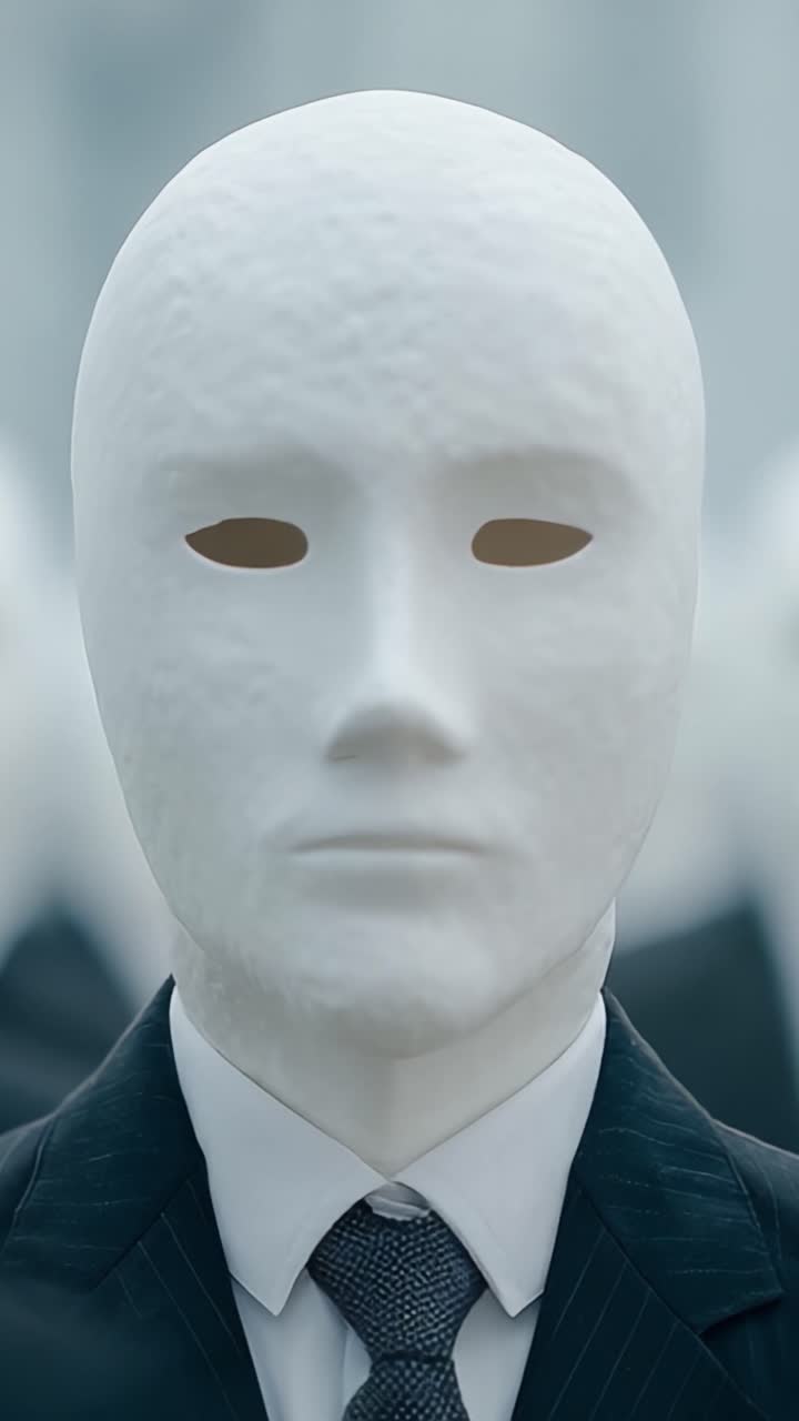 Um retrato visual inquietante de anonimato e conformidade, apresentando uma figura com uma máscara branca lisa e traje formal, destacando-se em um mar de indivíduos semelhantes e sem rosto.