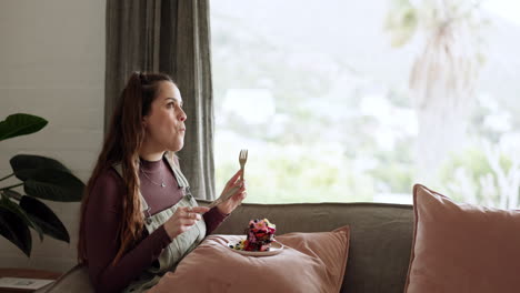 Woman,-eating-and-pancakes-for-breakfast