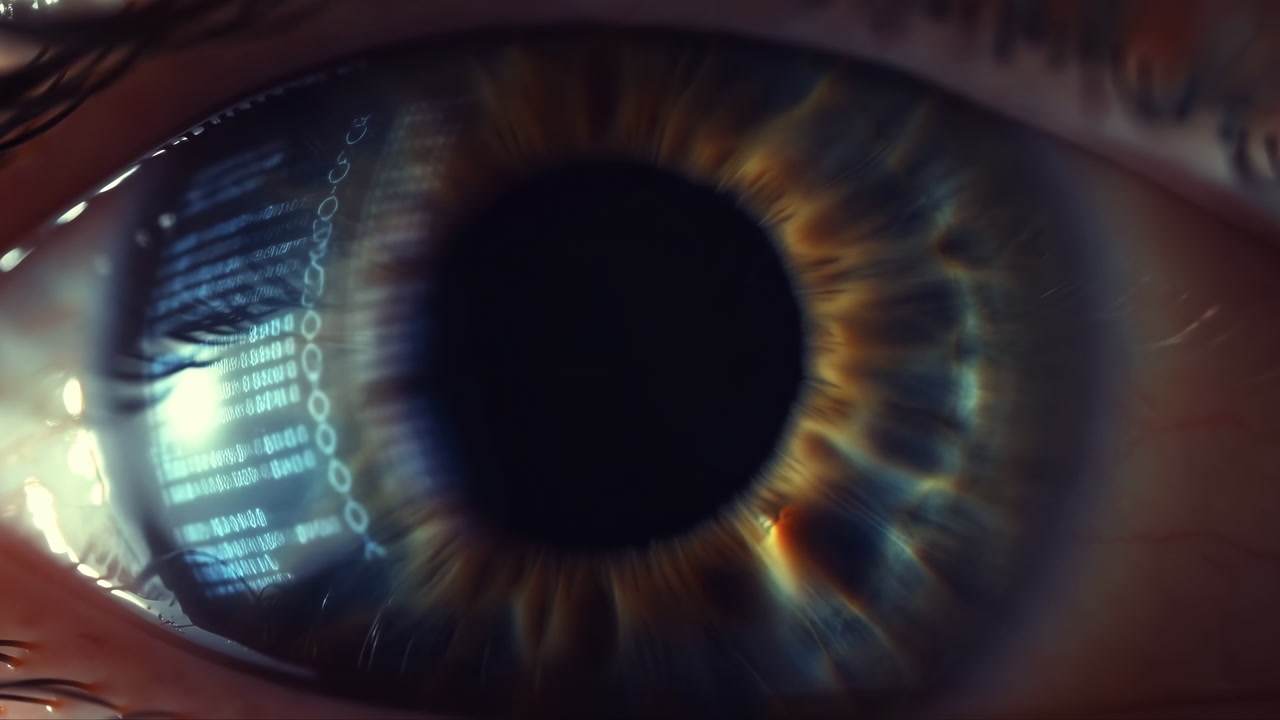 Closeup Blue Iris Reflecting Code Lines, Subject Undergoing Biometric Scan With Digital Interface Overlays,